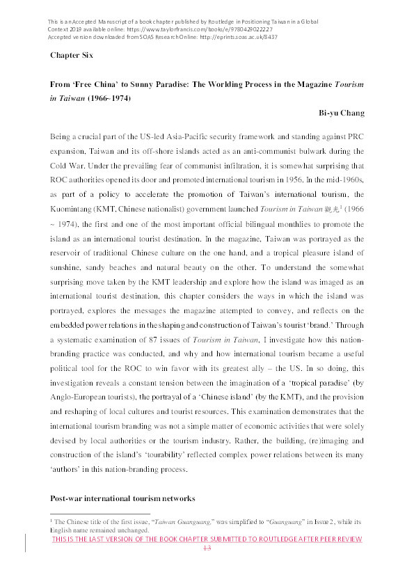 From ‘Free China’ to Sunny Paradise: The Worlding Process in the Magazine Tourism in Taiwan (1966–1974) Thumbnail