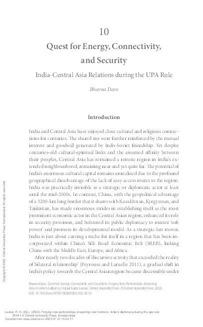 Quest for Energy, Connectivity and Security: India-Central Asia Relations During the UPA Rule Thumbnail
