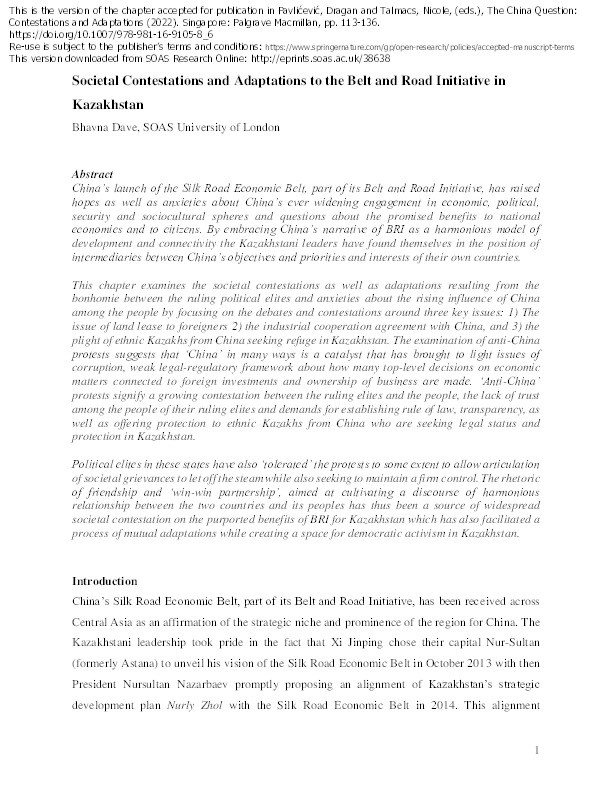 Societal Contestations and Adaptations to the Belt and Road Initiative in Kazakhstan Thumbnail
