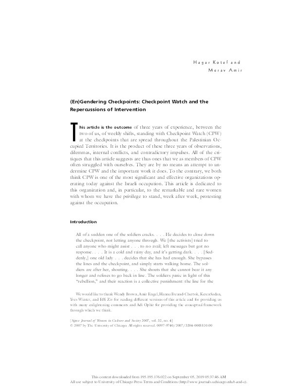 (En)Gendering Checkpoints: Checkpoint Watch and the Repercussions of Intervention Thumbnail