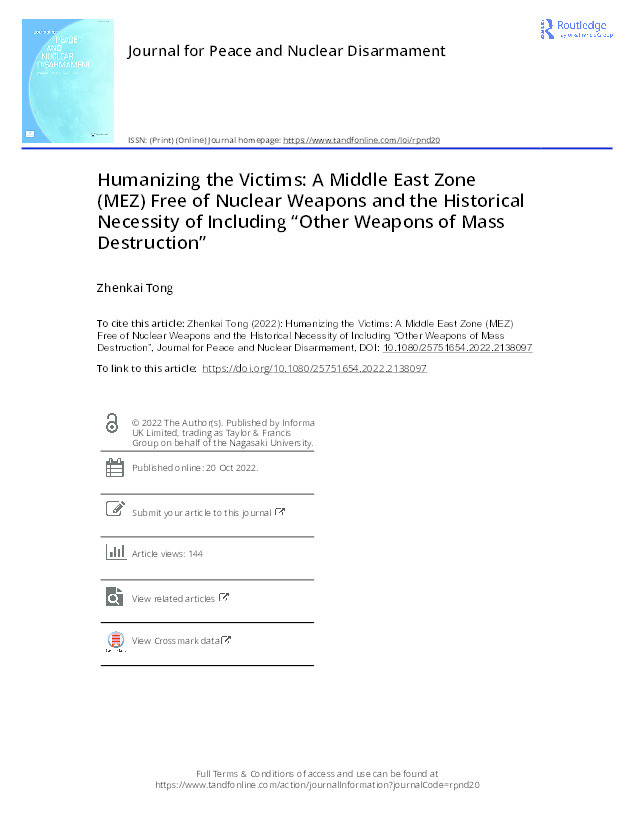 Humanizing the Victims: A Middle East Zone (MEZ) Free of Nuclear Weapons and the Historical Necessity of Including "Other Weapons of Mass Destruction" Thumbnail