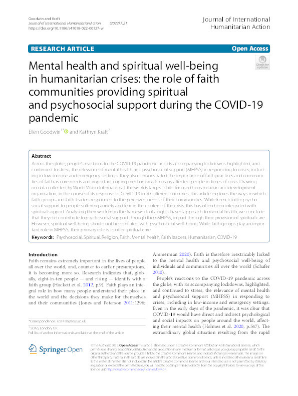 Mental health and spiritual well-being in humanitarian crises: the role of faith communities providing spiritual and psychosocial support during the COVID-19 pandemic Thumbnail