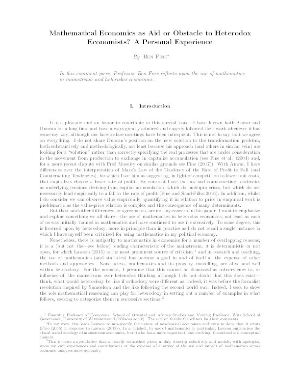 Mathematical Economics as Aid or Obstacle to Heterodox Economists?: A Personal Experience Thumbnail