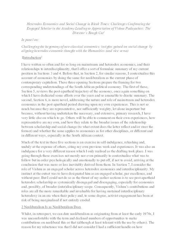 Heterodox Economics and Social Change in Bleak Times: Challenges Confronting the Engaged Scholar in the Academy Leading to Appreciation of Vishnu Padayachee: The Director’s Rough Cut Thumbnail