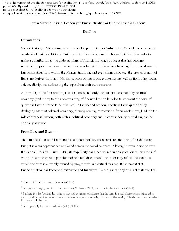 From Marxist Political Economy to Financialisation or Is It the Other Way about? Thumbnail