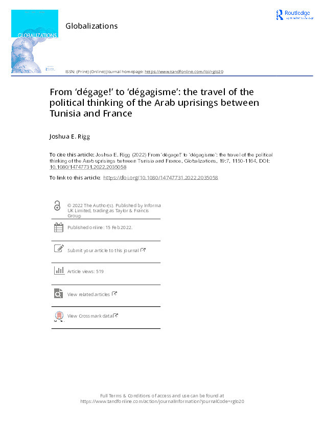 From ‘dégage!’ to ‘dégagisme’: the travel of the political thinking of the Arab uprisings between Tunisia and France Thumbnail