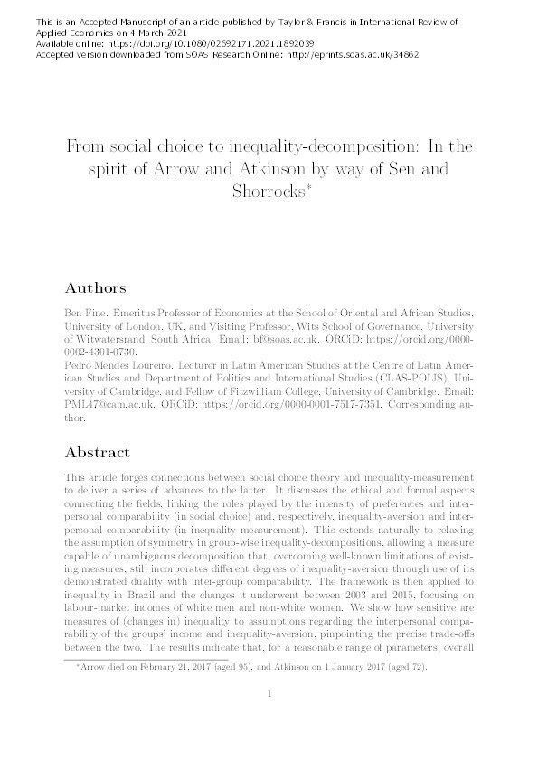 From Social Choice to Inequality-Decomposition: In the Spirit of Arrow and Atkinson by Way of Sen and Shorrocks Thumbnail