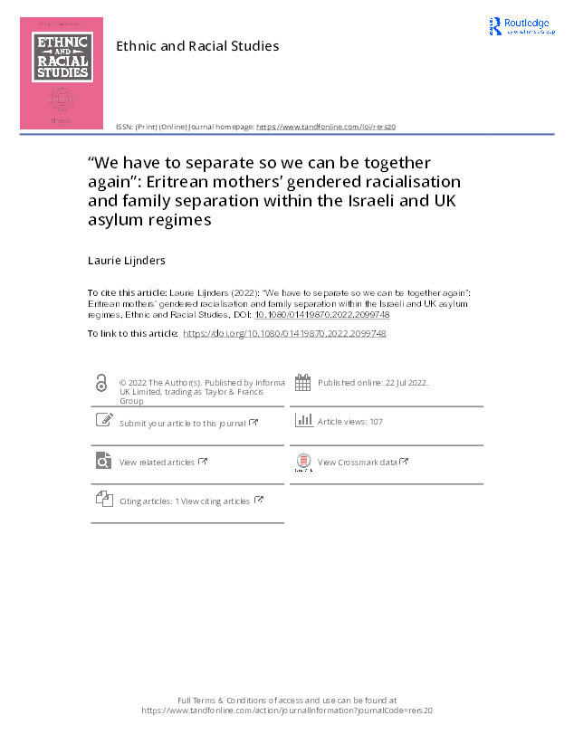 "We have to separate so we can be together again": Eritrean mothers’ gendered racialisation and family separation within the Israeli and UK asylum regimes Thumbnail