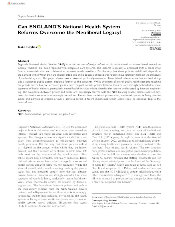 Can ENGLAND'S National Health System Reforms Overcome the Neoliberal Legacy? Thumbnail