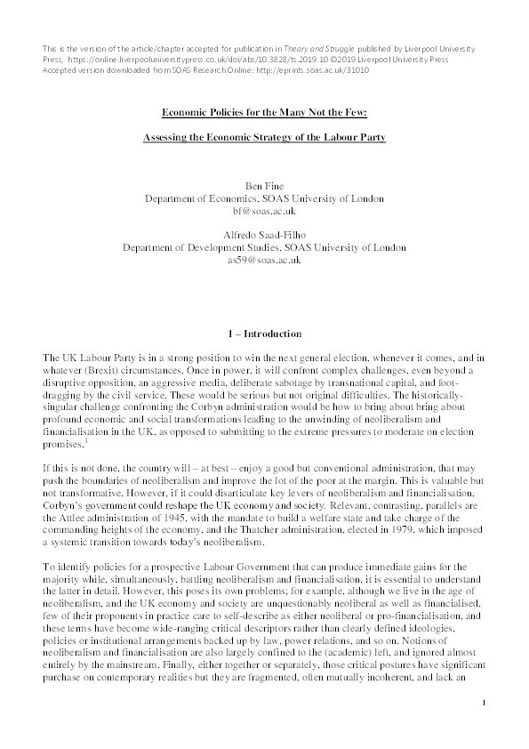 Economic Policies for the Many Not the Few: Assessing the Economic Strategy of the Labour Party Thumbnail