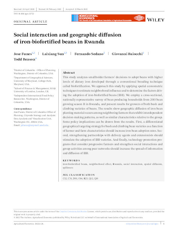 Social interaction and geographic diffusion of iron‐biofortified beans in Rwanda Thumbnail