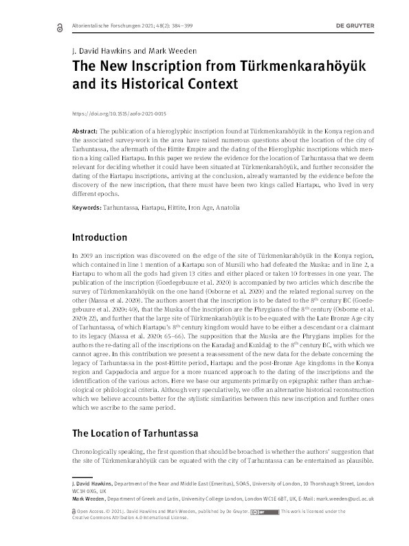The New Inscription from Türkmenkarahöyük and its Historical Context Thumbnail