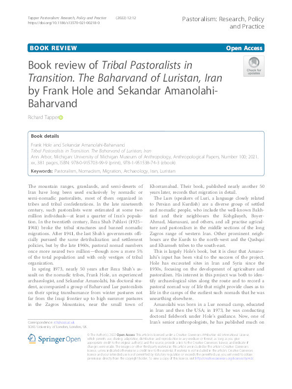 Book review of Tribal Pastoralists in Transition.:The Baharvand of Luristan, Iran by Frank Hole and Sekandar Amanolahi-Baharvand Thumbnail