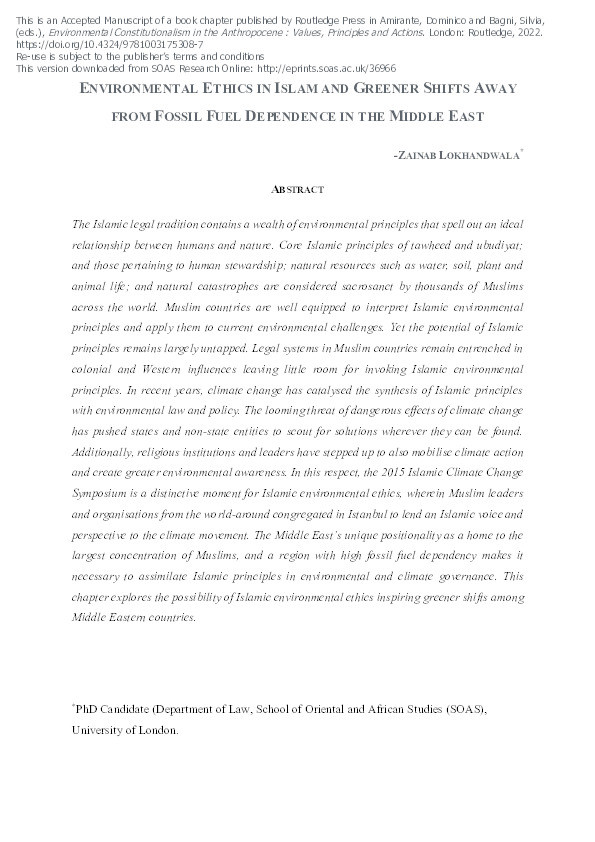 Environmental Ethics in Islam and Greener Shifts Away from Fossil Fuel Dependence in the Middle East Thumbnail