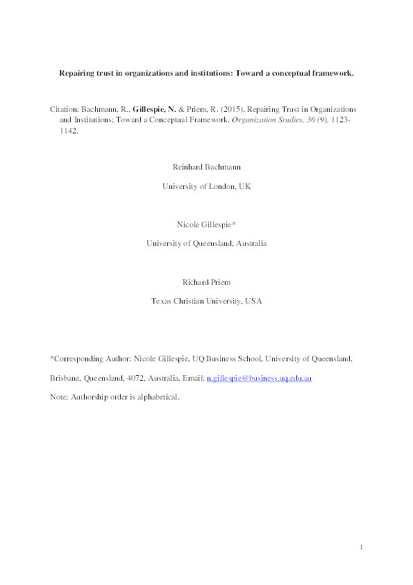 Repairing Trust in Organizations and Institutions: Toward a Conceptual Framework Thumbnail