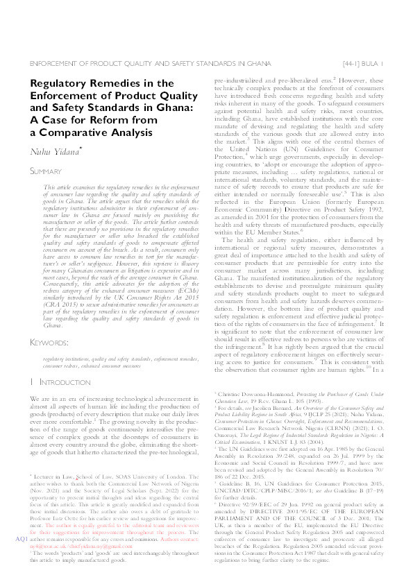 Regulatory Remedies in the Enforcement of Product Quality and Safety Standards in Ghana: A Case for Reform from a Comparative Analysis Thumbnail