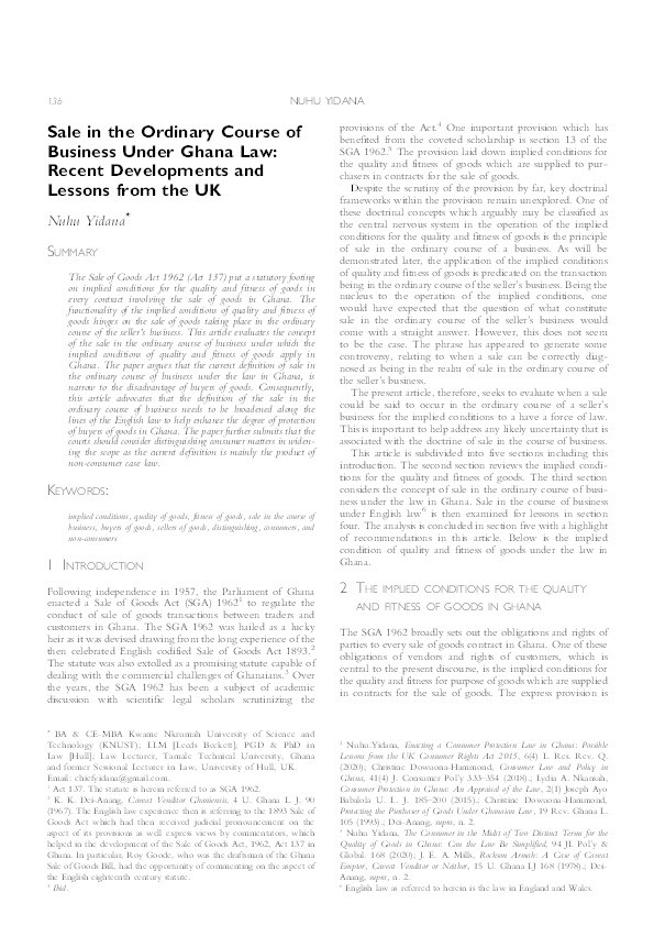 Sale in the Ordinary Course of Business Under Ghana Law: Recent Developments and Lessons from the UK Thumbnail