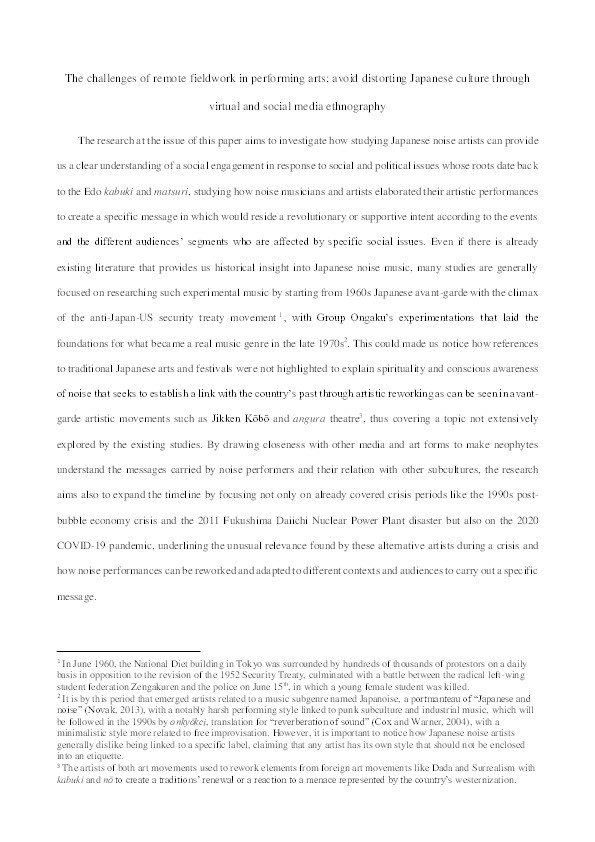 The Challenges of Remote Fieldwork in Performing Arts: Avoid Distorting Japanese Culture Through Virtual and Social Media Ethnography Thumbnail