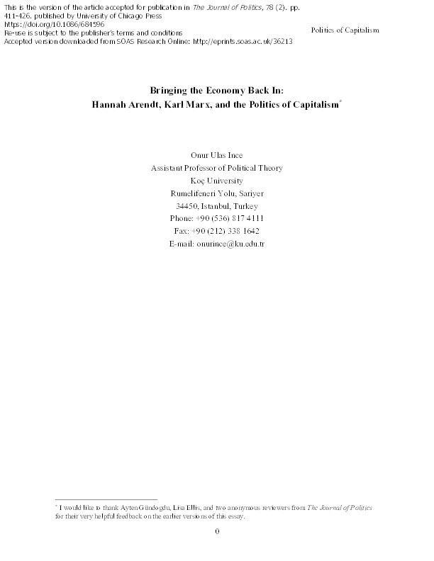 Bringing the Economy Back In: Hannah Arendt, Karl Marx, and the Politics of Capitalism Thumbnail