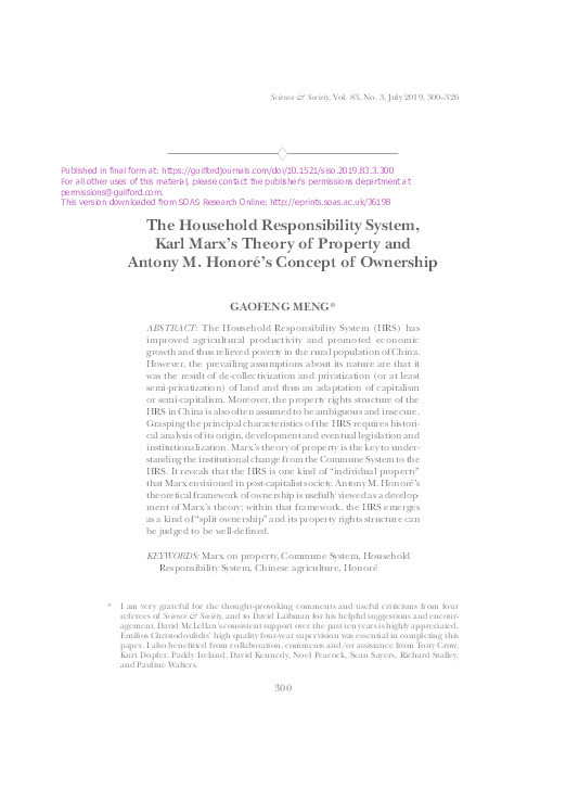 The Household Responsibility System, Karl Marx’s Theory of Property and Antony M. Honoré’s Concept of Ownership Thumbnail