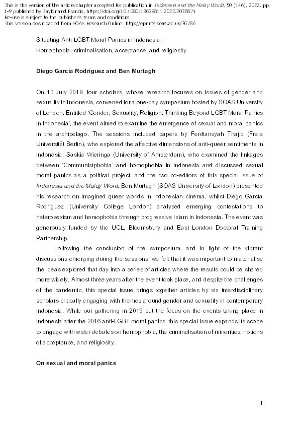 Introduction: Situating anti-LGBT moral panics in Indonesia: Homophobia, criminalisation, acceptance, and religiosity Thumbnail