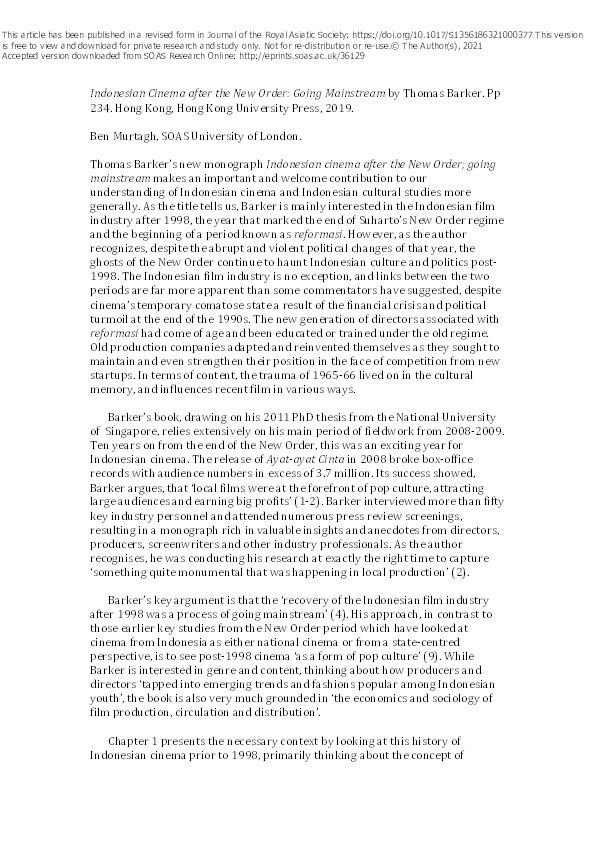 Review of: Indonesian Cinema after the New Order: Going Mainstream'. By Thomas Barker. pp. 234. Hong Kong, Hong Kong University Press, 2019 Thumbnail