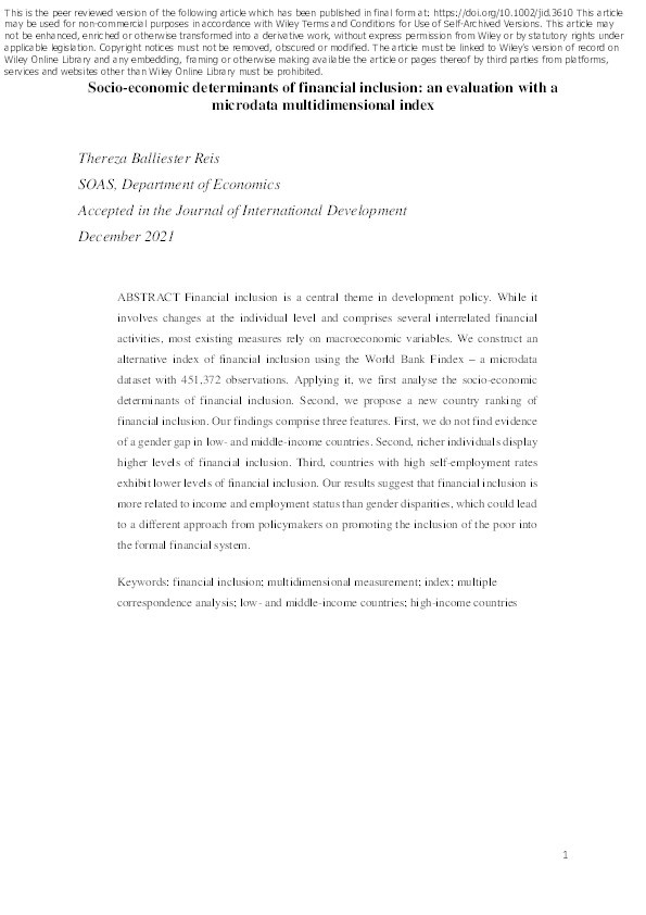 Socio-economic determinants of financial inclusion: an evaluation with a microdata multidimensional index Thumbnail