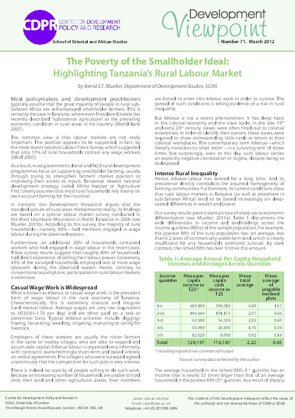 The Poverty of the Smallholder Ideal: Highlighting Tanzania's Rural Labour Market Thumbnail