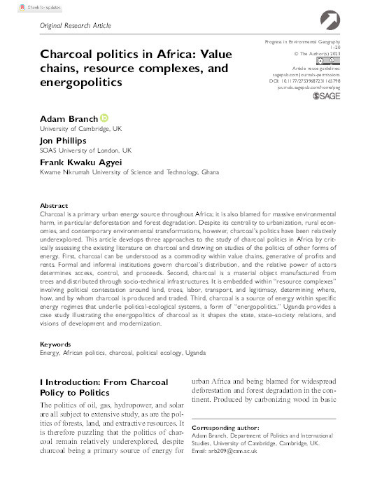 Charcoal politics in Africa: Value chains, resource complexes, and energopolitics Thumbnail