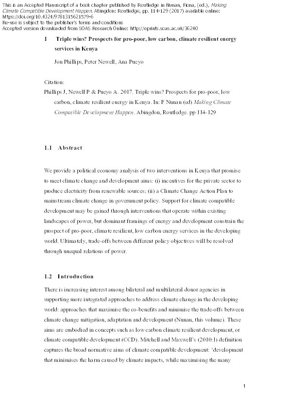 Triple wins? Prospects for pro-poor, low carbon, climate resilient energy services in Kenya Thumbnail