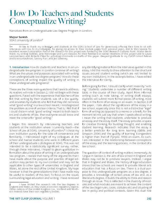 How Do Teachers and Students Conceptualize Writing? Narratives from an Undergraduate Law Degree Program in London Thumbnail