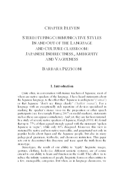 Stereotyping Communicative Styles In and Out of the Language and Culture classroom: Japanese Indirectness, Ambiguity and Vagueness Thumbnail