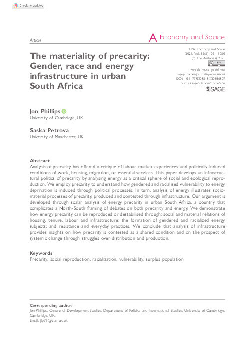 The materiality of precarity: Gender, race and energy infrastructure in urban South Africa Thumbnail