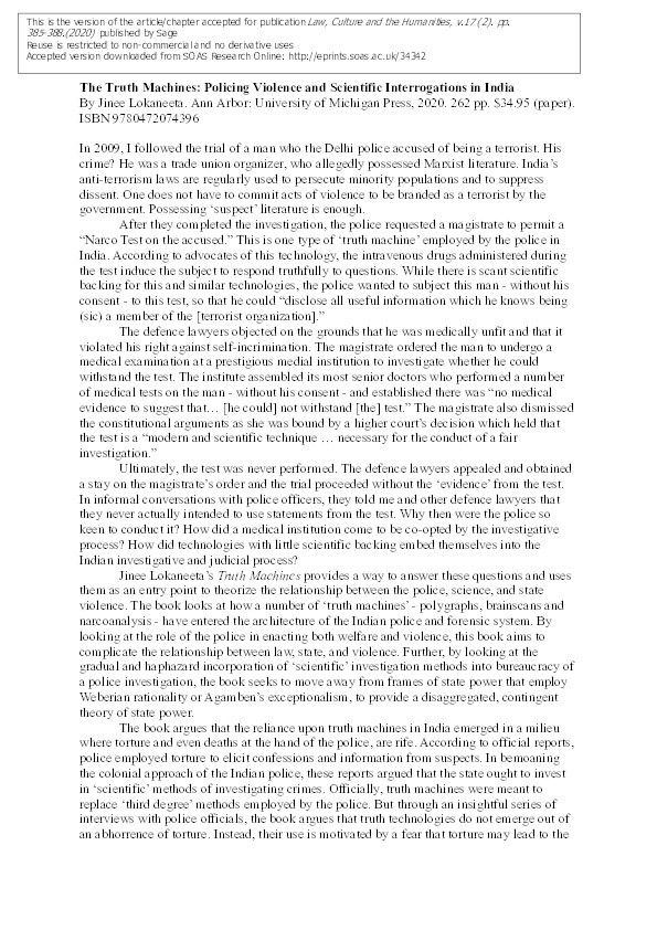 Review of: The Truth Machines: Policing Violence and Scientific Interrogations in India  By Jinee Lokaneeta. Ann Arbor: University of Michigan Press, 2020. 262 pp. $34.95 (paper). ISBN 9780472074396 Thumbnail