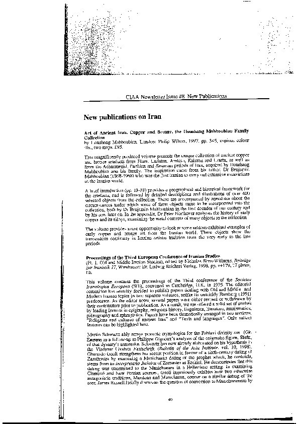 Review of Nicholas Sims-Williams, ed. 'Proceedings of the Third European Conference of Iranian Studies (Pt. 1 Old and Middle Iranian Studies)' Thumbnail