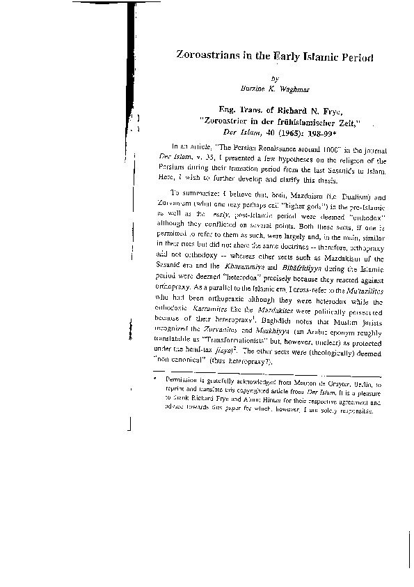 'Zoroastrians in the Early Islamic Period,’ trans. of Richard Frye, ‘Zoroastrier in der frühislamischer Zeit,’  Der Islam, 40 (1965): 198-99 Thumbnail