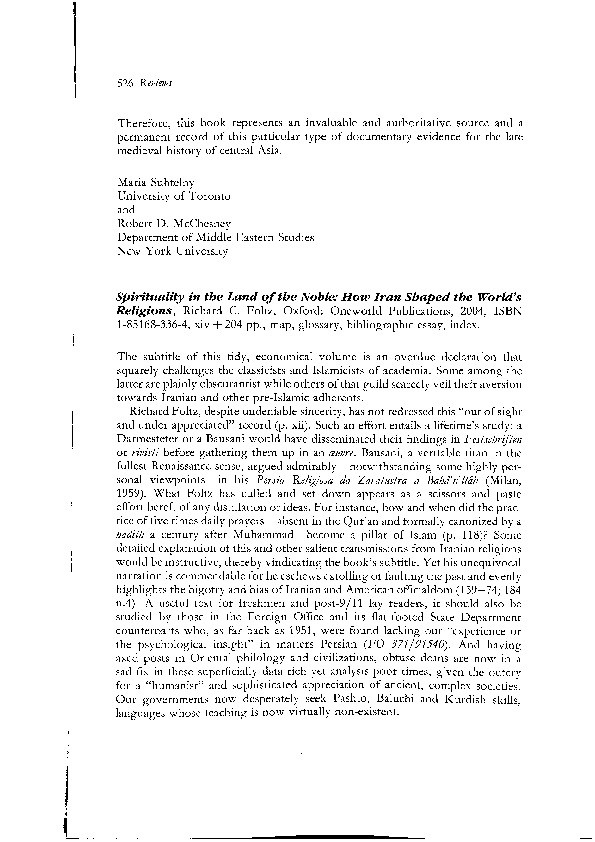 Review of Richard Foltz, Spirituality in the Land of the Noble: How Iran Shaped the World’s Religions (Oxford, 2004). Thumbnail