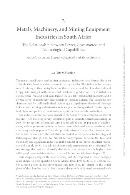 Metals, Machinery, and Mining Equipment Industries in South Africa: The Relationship between Power, Governance, and Technological Capabilities Thumbnail