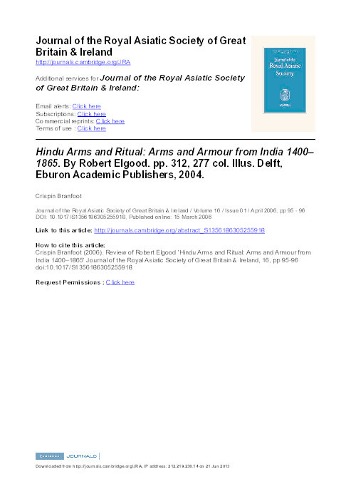 Hindu Arms and Ritual: Arms and Armour from India 1400–1865. By Robert Elgood. Thumbnail