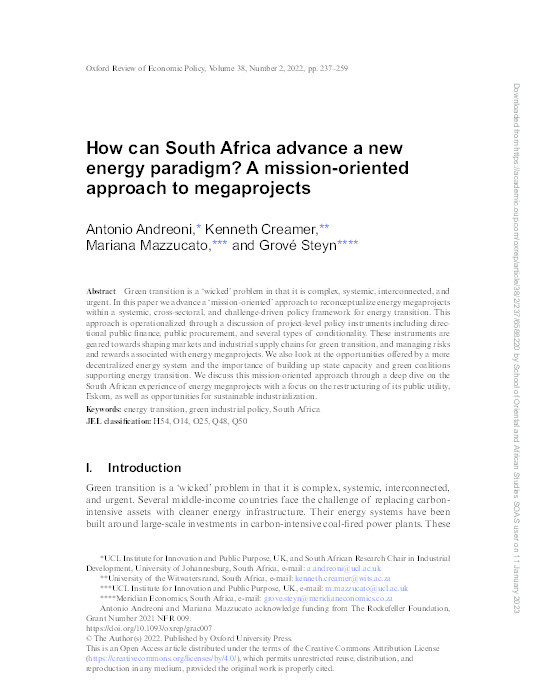 How can South Africa advance a new energy paradigm? A mission-oriented approach to megaprojects Thumbnail