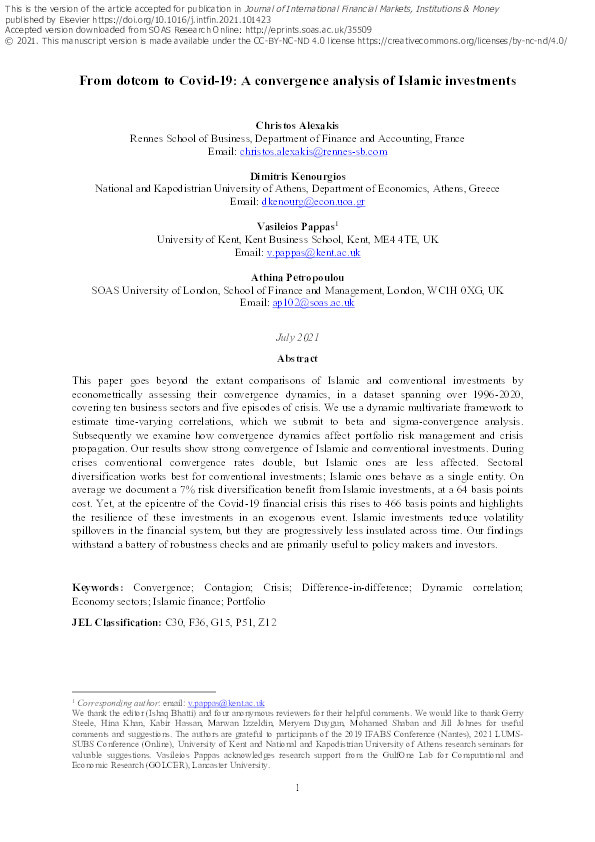From dotcom to Covid-19: A convergence analysis of Islamic investments Thumbnail