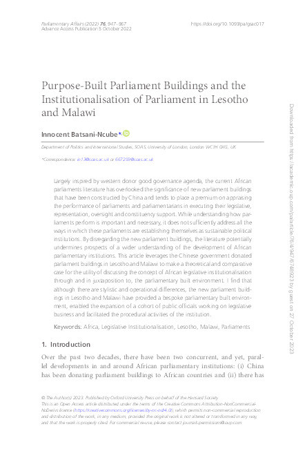 Purpose-built parliament buildings and the institutionalisation of parliament in Lesotho and Malawi Thumbnail