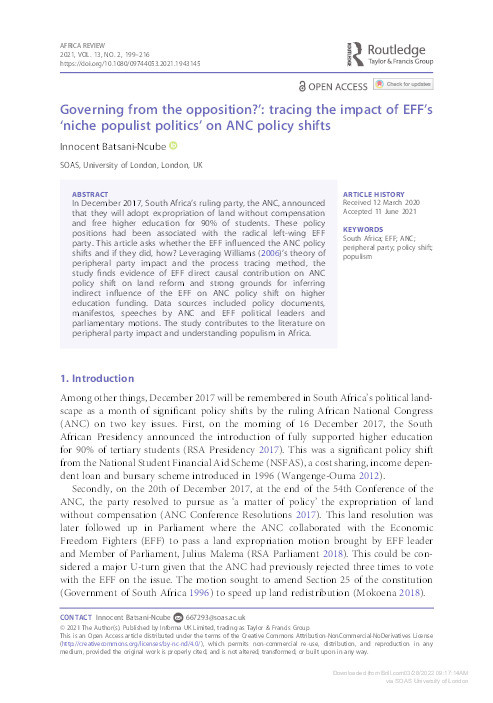 Governing from the opposition?’: tracing the impact of EFF’s ‘niche populist politics’ on ANC policy shifts Thumbnail