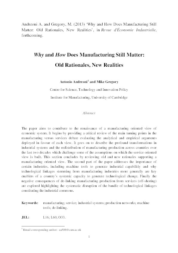 Why and How Does Manufacturing Still Matter: Old Rationales, New Realities Thumbnail