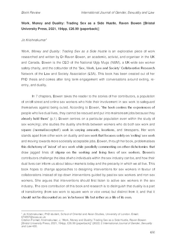 Review of: Work, Money and Duality: Trading Sex as a Side Hustle by Raven Bowen Thumbnail