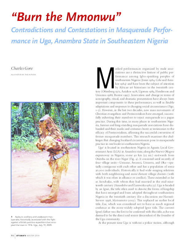 “Burn the Mmonwu” Contradictions and Contestations in Masquerade Performance in Uga, Anambra State in Southeastern Nigeria Thumbnail