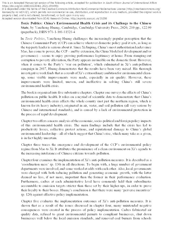 Book review of “Toxic Politics: China's Environmental Health Crisis and its Challenge to the Chinese State” by Yanzhong Huang Thumbnail