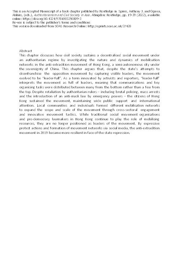 A 'Leader-full' Movement Under Authoritarianism: Mobilization Networks in Hong Kong’s Anti-Extradition Movement Thumbnail