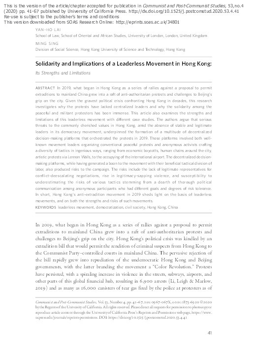 Solidarity and Implications of a Leaderless Movement in Hong Kong: Its Strengths and Limtitations Thumbnail