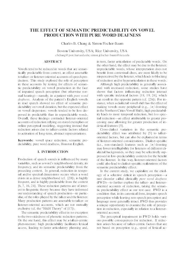 The effect of semantic predictability on vowel production with pure word deafness Thumbnail
